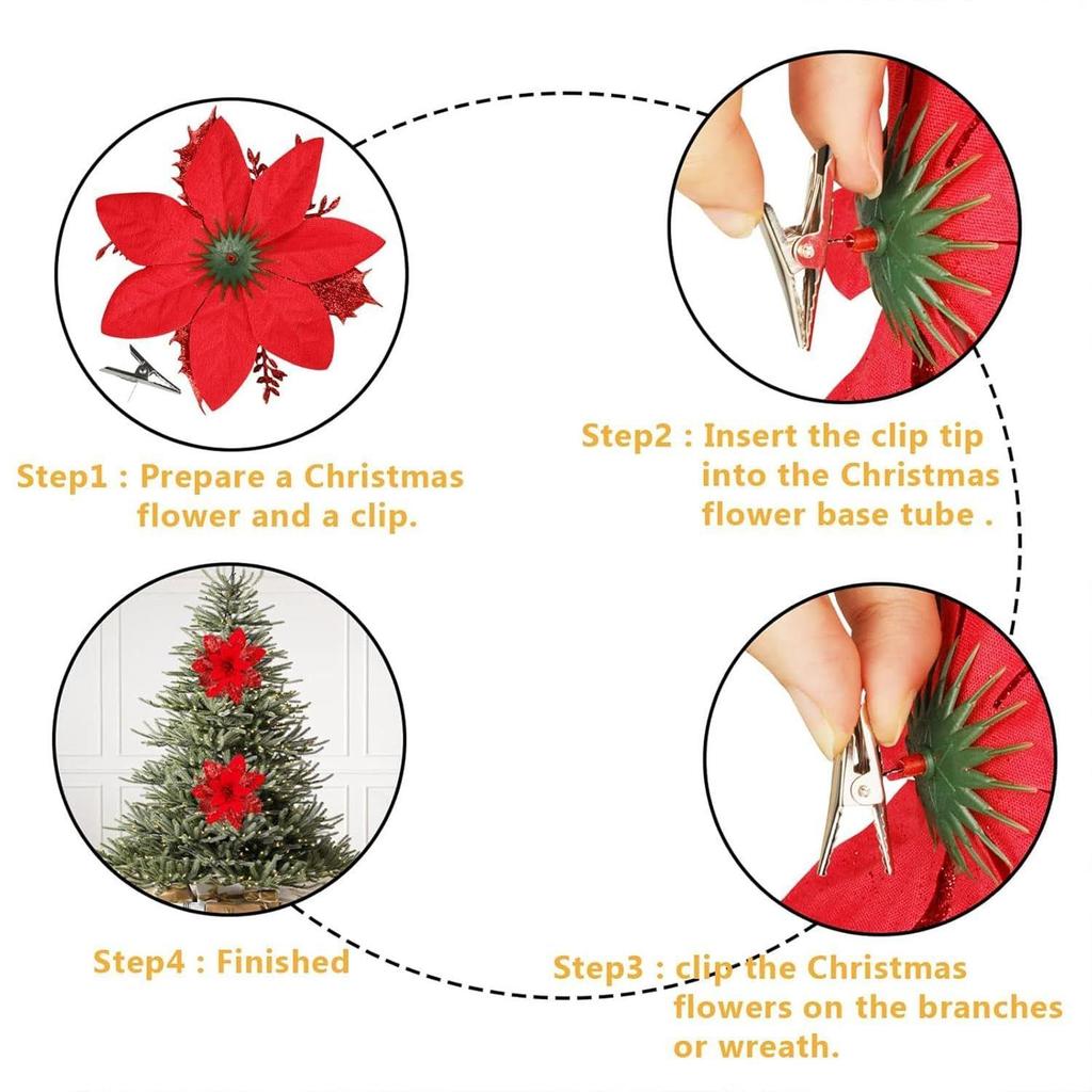 24Pcs Red Christmas Poinsettias Flowers Decoration Artificial Flowers for Christmas Tree Ornaments Suitable for Home Christmas Decorations