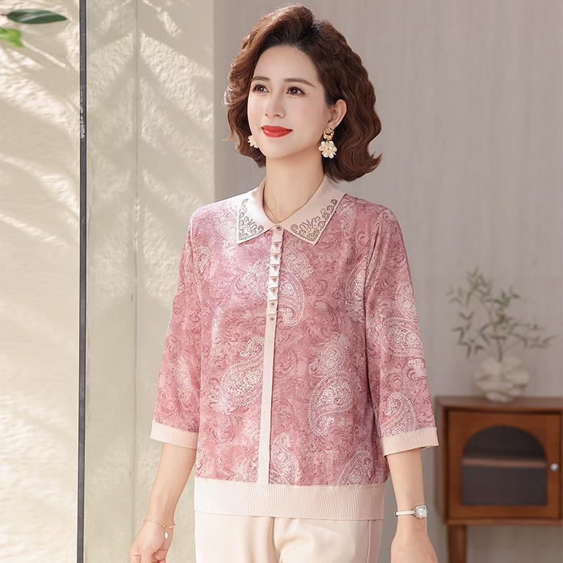 

Elegant Ice Silk Mid-Sleeve Lapel Top for Middle-Aged Women - Perfect Spring & Summer Layer 2XL [Recommended 105-120 lbs]