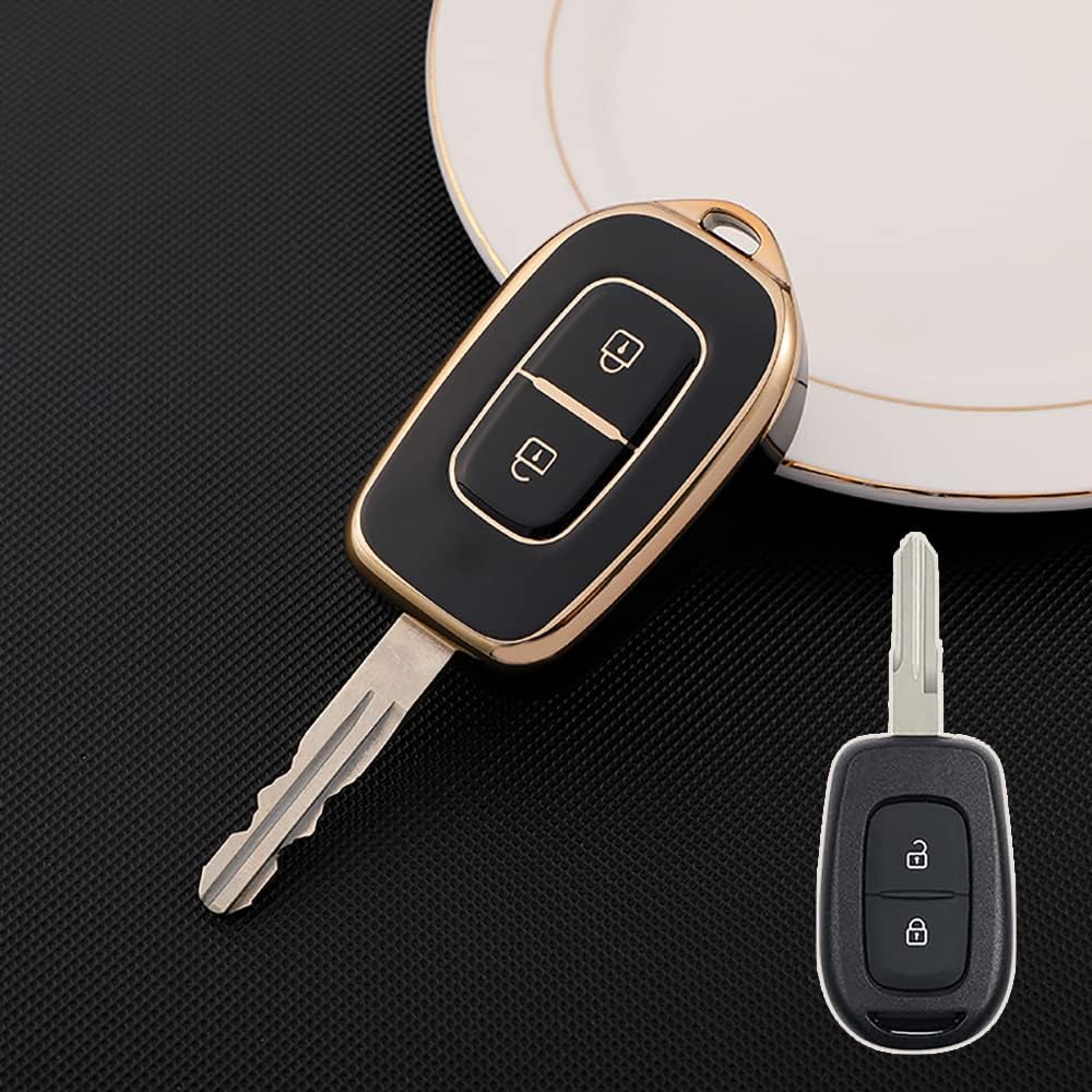 HIBEYO Soft TPU Key Fob Cover with Keychains for Renault Duster Kwid Dacia Sandero Master Megane Logan Key Case Shell 2 Buttons-Black