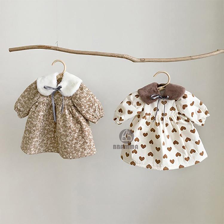 Clearance: Baby Heart Print Quilted Dress with Fur Collar - Long and Warm
