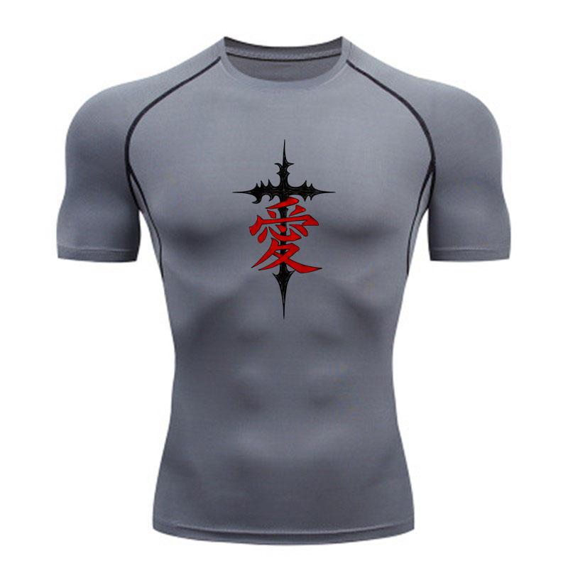 Men's Quick Dry Compression Workout T-Shirt, Gothic Cross Love Character Printed Athletic Short Sleeve Top for Gym Running Training Active Wear