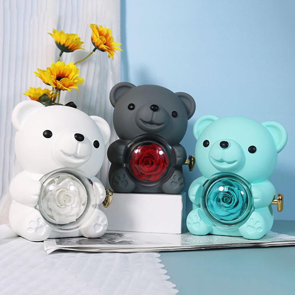 Drehbare Umarmender Bär Rosen Schmuckschatulle Ewigkeitsblumen Geschenkbox Muttertag Valentinstag Weihnachtsgeschenk (ohne Halskette)