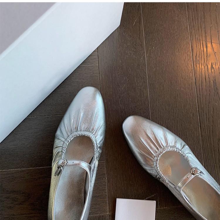 Cowhide version~ leather pleated silver light mouth single shoes women's flat 2025 new spring French Mary Jane women's shoes