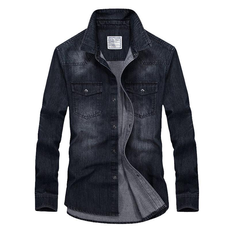 Autumn Men's Denim Washed Shirt Long Sleeved Retro Workwear Shirt