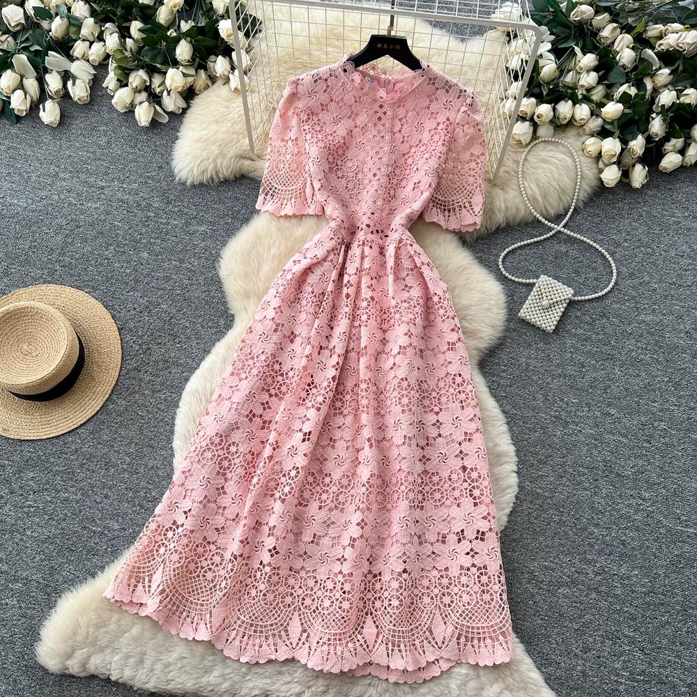 Abito Midi Elegante da Donna con Ricami in Pizzo, Manica Corta, Vita Alta, Linea ad A, Estivo, Casual, da Festa, per Matrimonio, da Vacanza, da Spiaggia