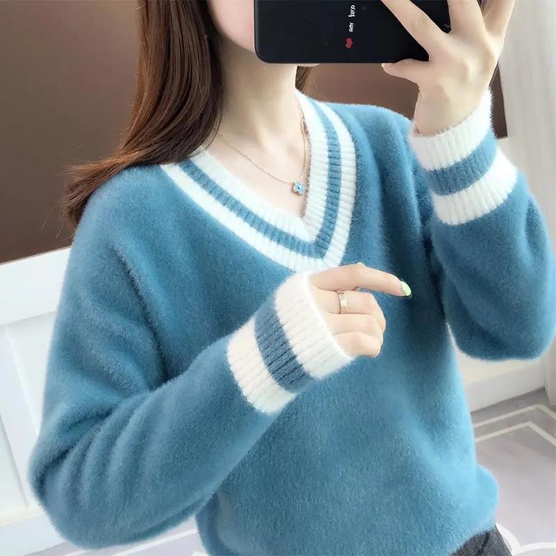 

Женский осенне-зимний утолщенный пуловер из искусственного норкового бархата, женский короткий свободный свитер с v-образным вырезом и длинными рукавами XXXL синий