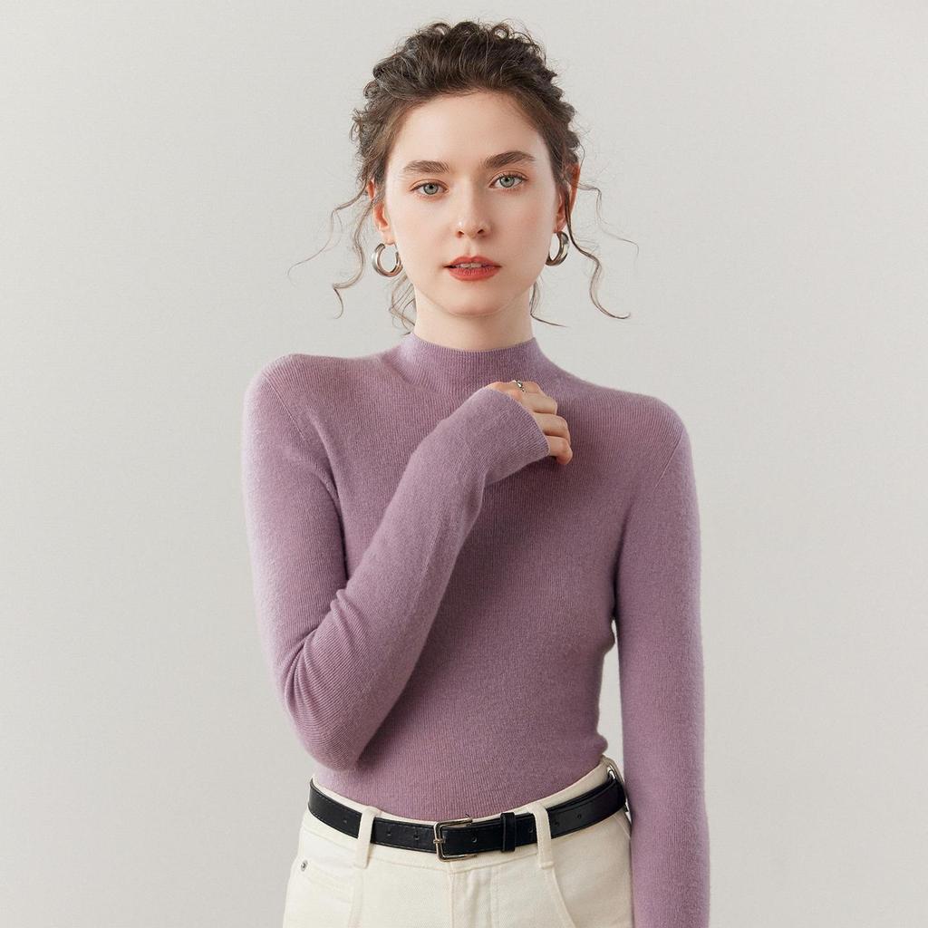 Velvet Seamless Slim-Fit Cashmere Sweater, Thin Knit, Half-High Neck, Skin-Friendly, Autumn/Winter Base Layer.