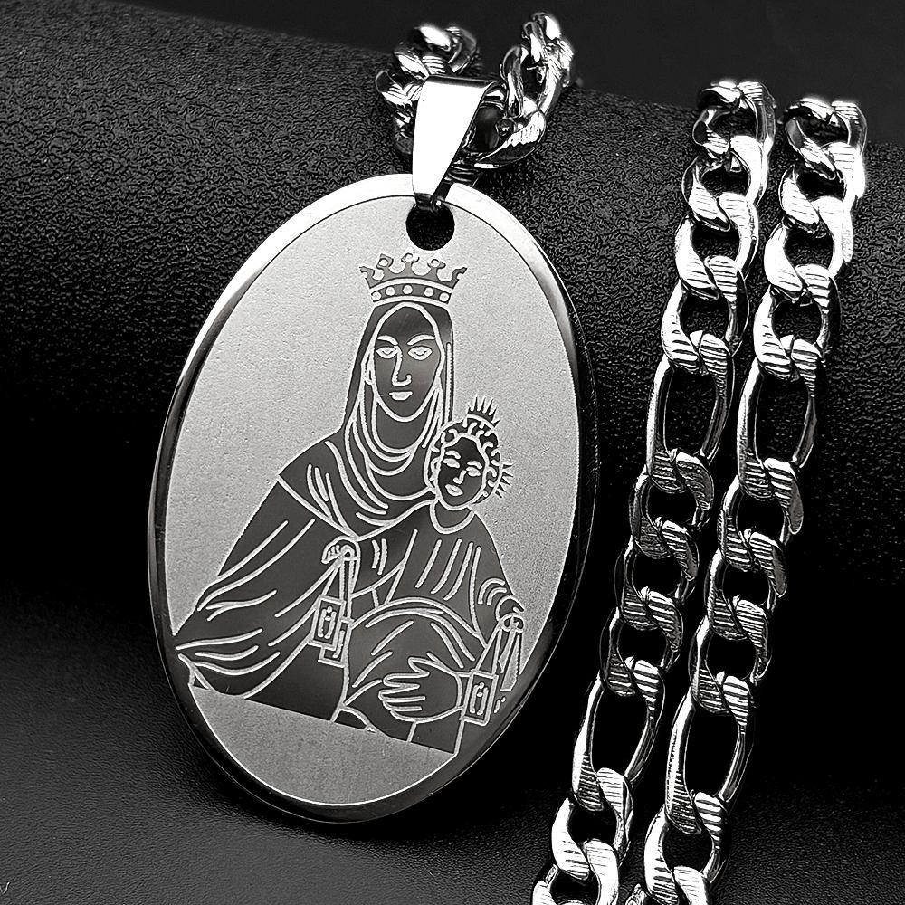 Ovales Medaillon Jungfrau Maria mit Jesuskind Anhänger Halskette für Damen Herren Edelstahl Goldfarbe Katholisches Amulett Kette Schmuck