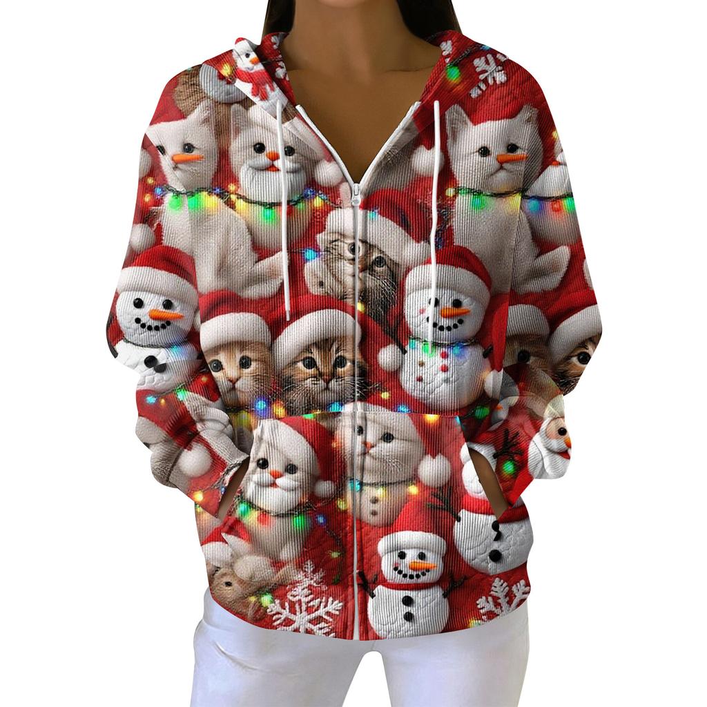Women's Casual Fashion Long-Sleeved Zip-Up Christmas Print Knitted Hoodie