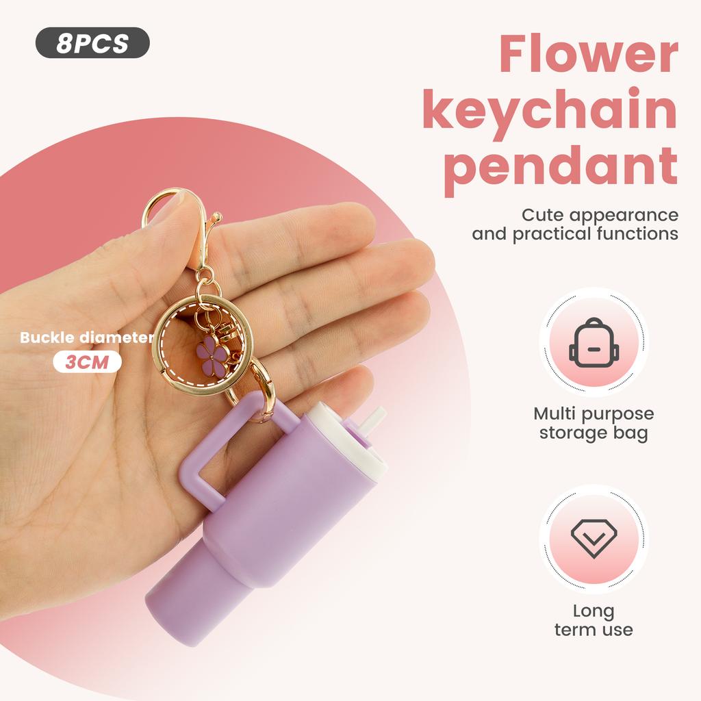 8Pcs Flower Keychain Pendant Wear Resistant Not Easy to Fade Ice Bucket Cup Keychain with Detachable Lid for Storaging Coin Pill