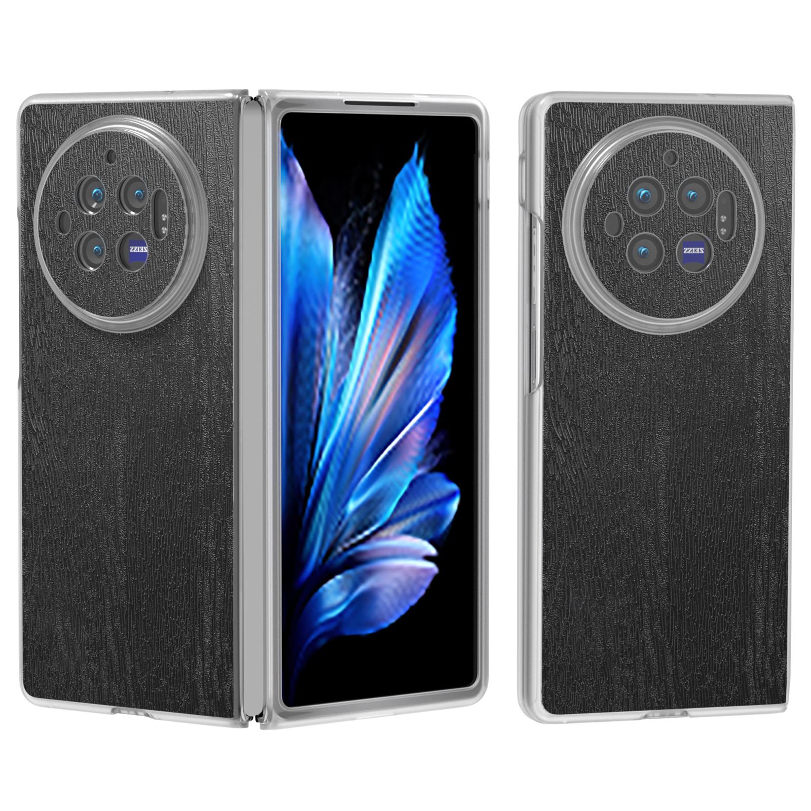 

For vivo X Fold3 Case Wood Texture Leather+PC Matte Clear Edge Anti-slip Phone Cover Black