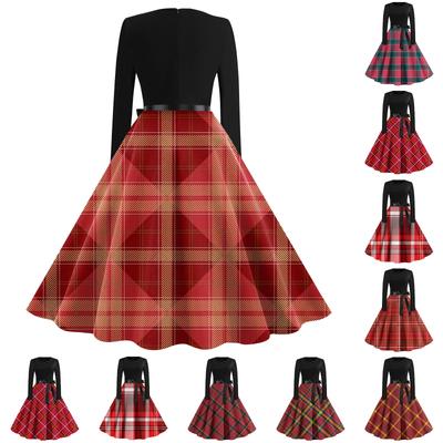 Women's Vintage Plaid Printed Long Sleeve Round Neck Plus Size Evening Prom Dresses