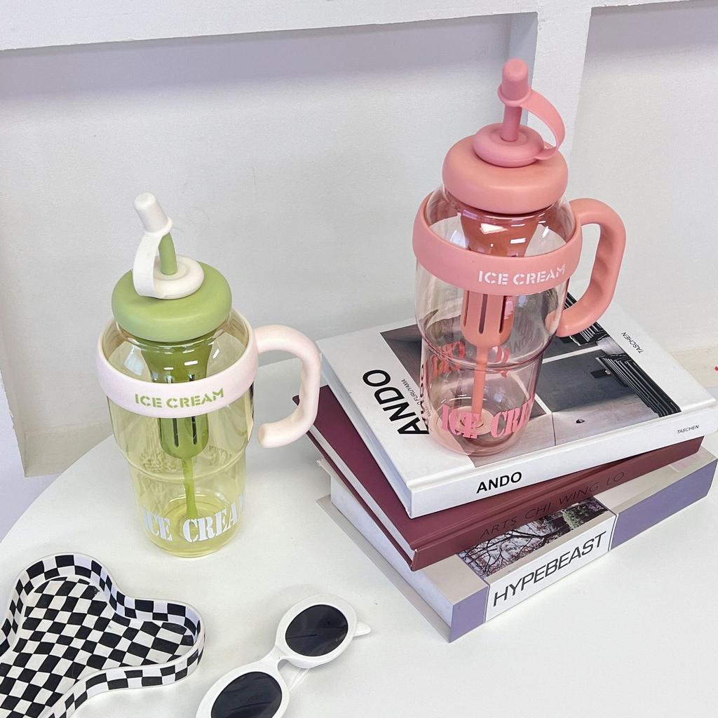 High-color Value with Handle Large-capacity Water Cup Portable Straw Cup Tea Tea Warehouse Plastic Cup Students Office Water Bottle