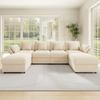 Modulares U-/L-förmiges Chenille-Sofa mit 2 Hockern, umbaubare Eckcouch mit verstellbaren Armlehnen, inkl.. 4 Kissen und 2 Kopfstützen, beige