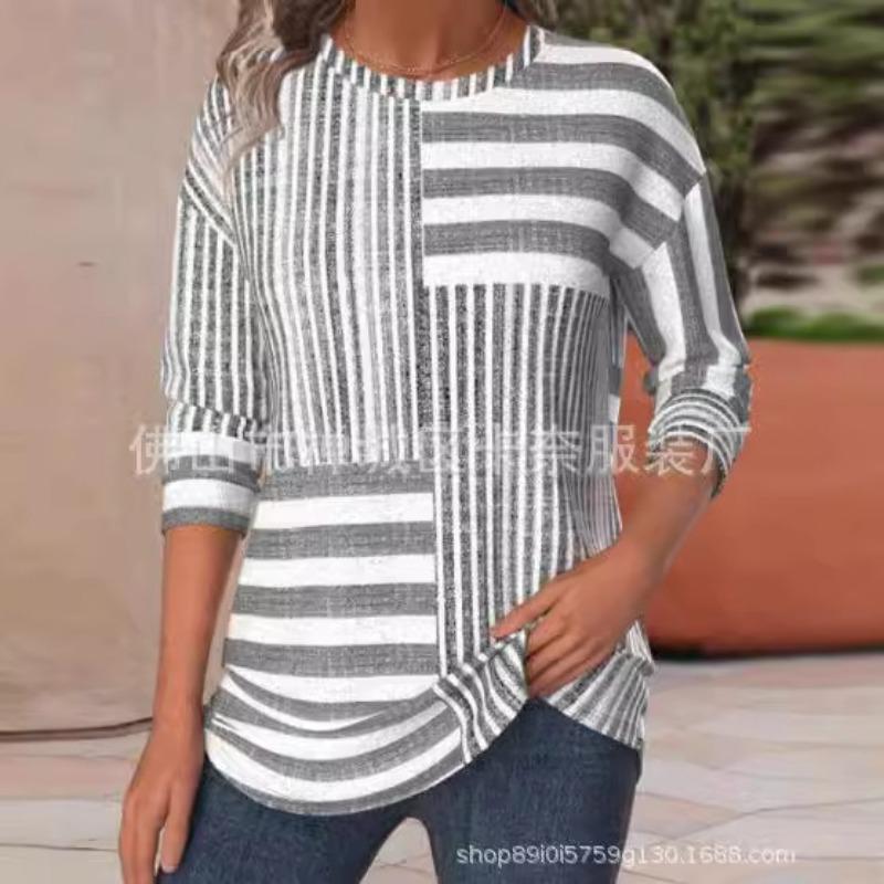 Women S Long Sleeve Round Neck Striped Casual T Shirt S серый