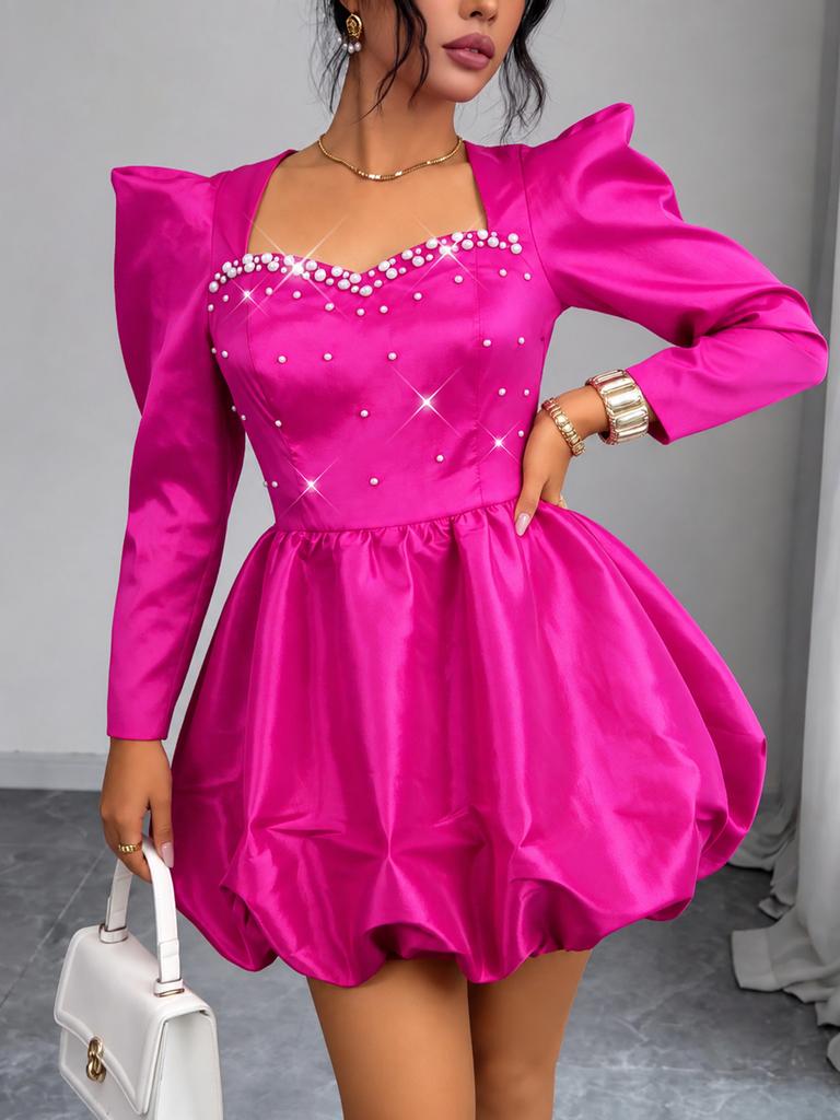 AOMEI Glossy A Line Mini Dress Sweetheart Neck Pearl Beaded Balloon Hem Gowns for Cocktail Party Birthday