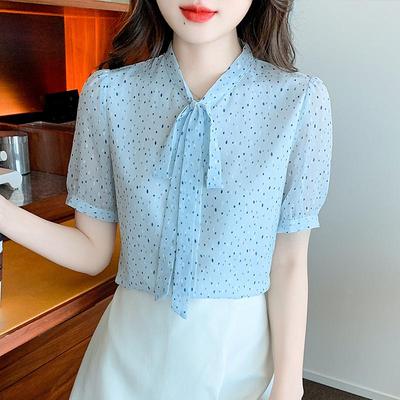 Blue Polka Dot Short-Sleeve Women's Chiffon Ribbon Shirt, Summer 2025 Collection