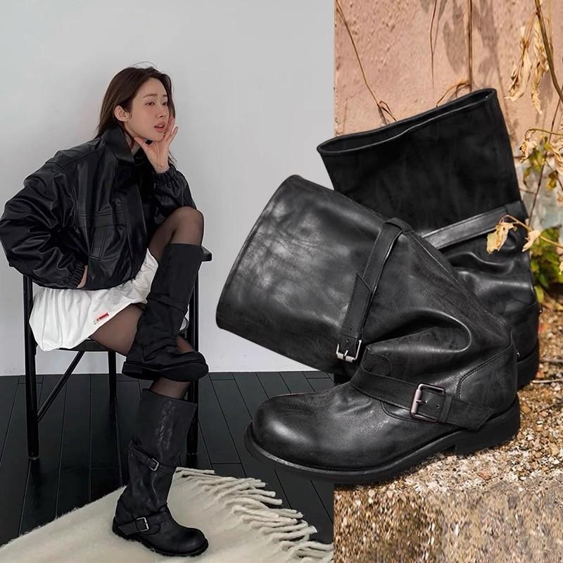 

Точечная версия двойной износостойкой мягкой кожи на толстой подошве с двойной пряжкой, ретро пряжка ремня, длинные сапоги с напуском, женские весенние сапоги средней высоты, сапоги для верховой езды 38 чёрный