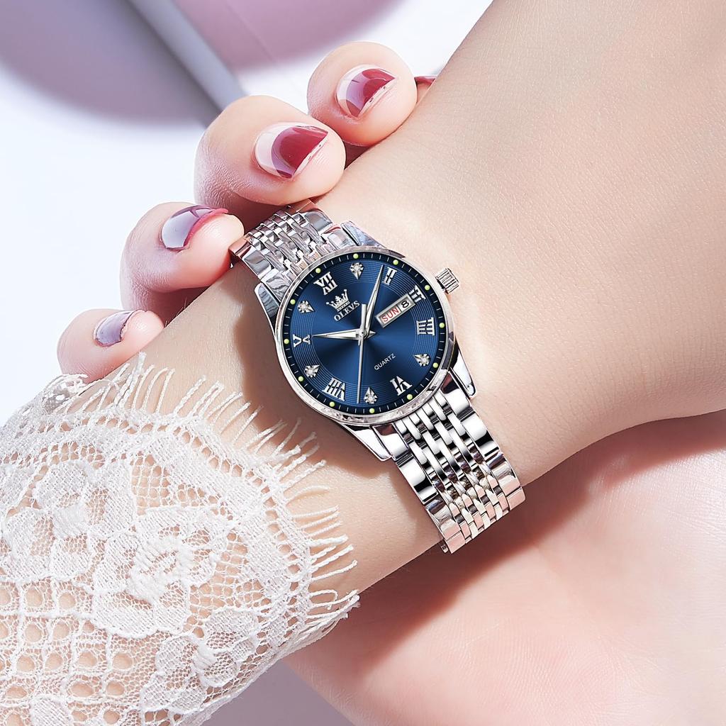OLEVS Popular Waterproof Analog Watch with Luminous Date Blue Quartz Silver Stainless Steel Roman Perfect for Business or Day College and High School