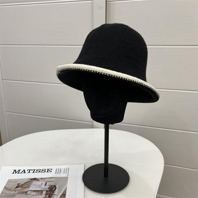 Wolle gestrickter kontrastfarbiger gekräuselter Bucket Hat Damen Herbst und Winter zeigt kleines Gesicht warm Mode literarischer Fischerhut