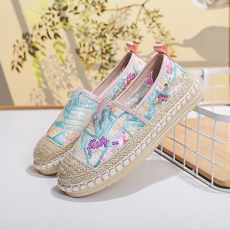 Fashion Lace Breathable Fashion Flats for Women Casual Slip On Spring Summer New Weaving Sequins Loafers Mixed Color Flat Single Shoes