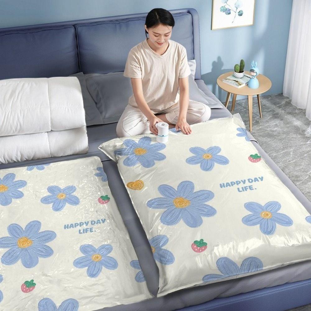 4PCS Blue Floral Pattern Vacuum Compression Bag Space Saving Quilt Organizer Vacuum Bags Clothes