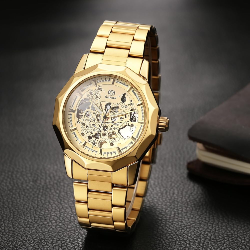 Men's Automatic Skeleton Watch Luminous Analog Display Waterproof Stainless Steel Band Silver Gold Black