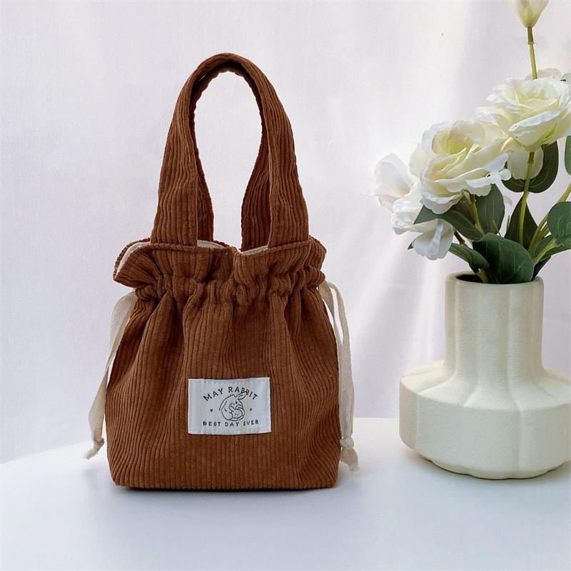 Vintage Damen-Kord-Handtasche Lässige Zugbeuteltasche Unifarbene Geldbörse Aufbewahrungstasche Kosmetiktasche