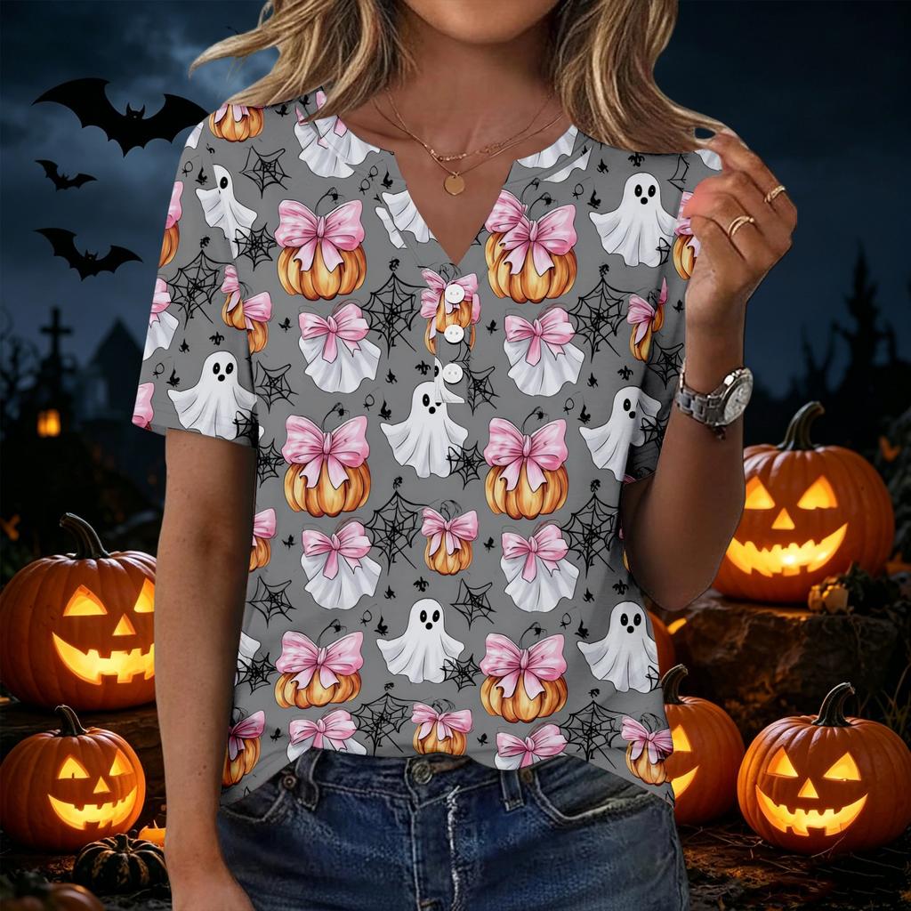 Women Halloween Print Loose Fit V Neck Short Sleeve Shirt with Pocket Casual Top for Everyday Wear
