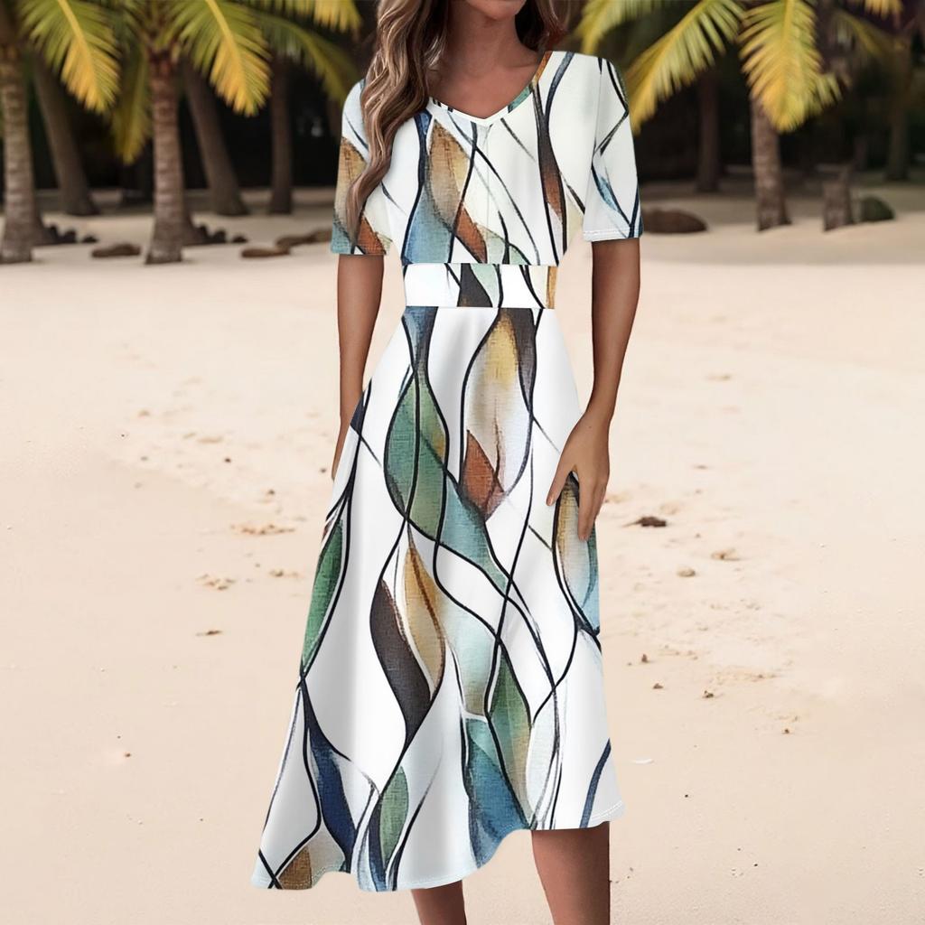 Damen Freizeitmode Kleid mit Blumendruck, V-Ausschnitt, kurzen Ärmeln und taillenlang