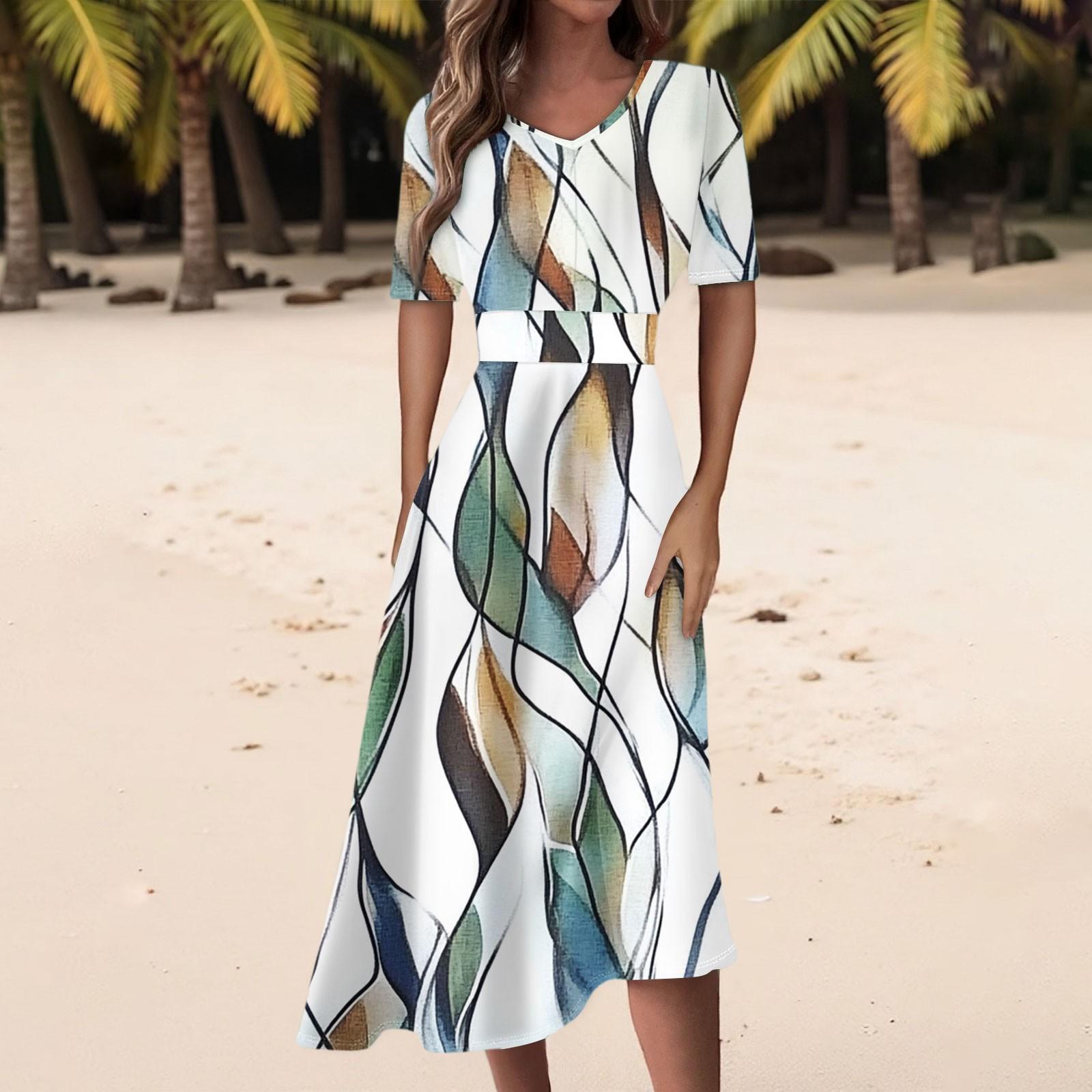 

Women s Casual Fashion Floral Print V-neck Short-sleeved Waist-length Dress XL білий