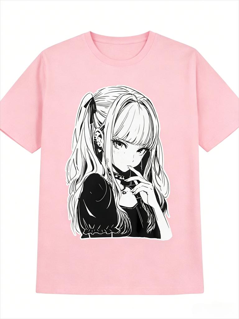 Anime Twin Tail Girl Print T Shirt Unisex Unisex Japanese Unisexga Character Graphic Tees Kawaii Goth Loose Short Sleeve Unisex Tops