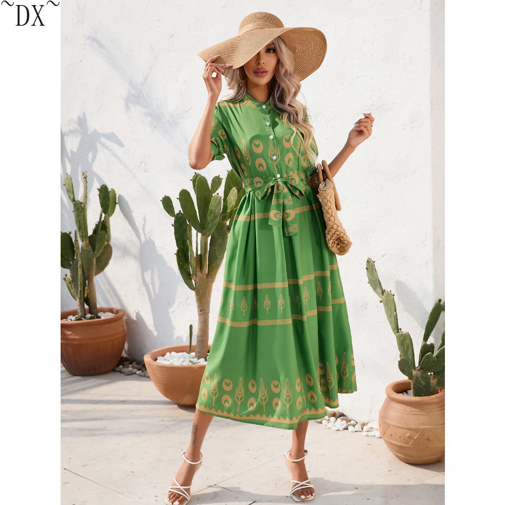 

DX~~~ Летнее знаменитое платье с пятиточечным рукавом и принтом XXL зелёный