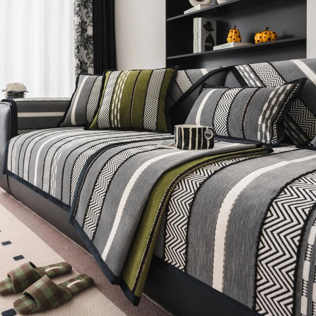 Chenille Sofa Cover, Non-Slip Sofa Protector, Striped Couch Cover for Double Sofa, Universal Fit, Four Seasons