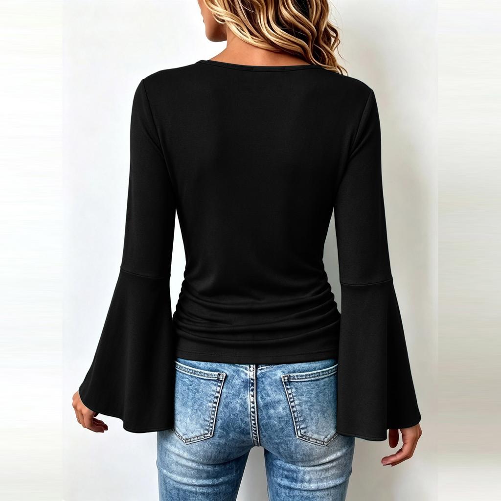 Women's Casual -Color Long-Sleeve V-Neck Top