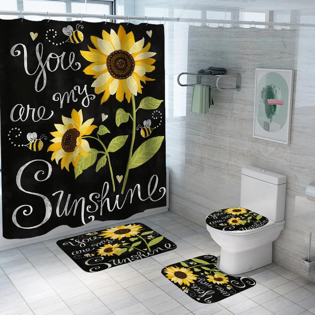 Sunflower Butterfly Waterproof Shower Curtain Bathroom Mats Set Toilet Lid Cover Rugs Anti Slip Carpets Shower Room Floor Mats