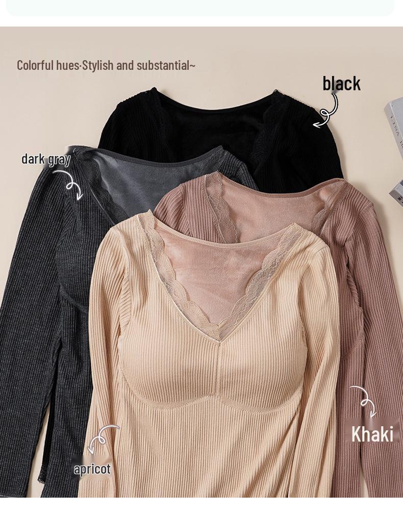 Warmer Damen V-Ausschnitt Spitzen-Patchwork Thermo-Top mit Brustpolstern, Fleecegefütterte Langarm-Basisschicht für Winter und Herbst.