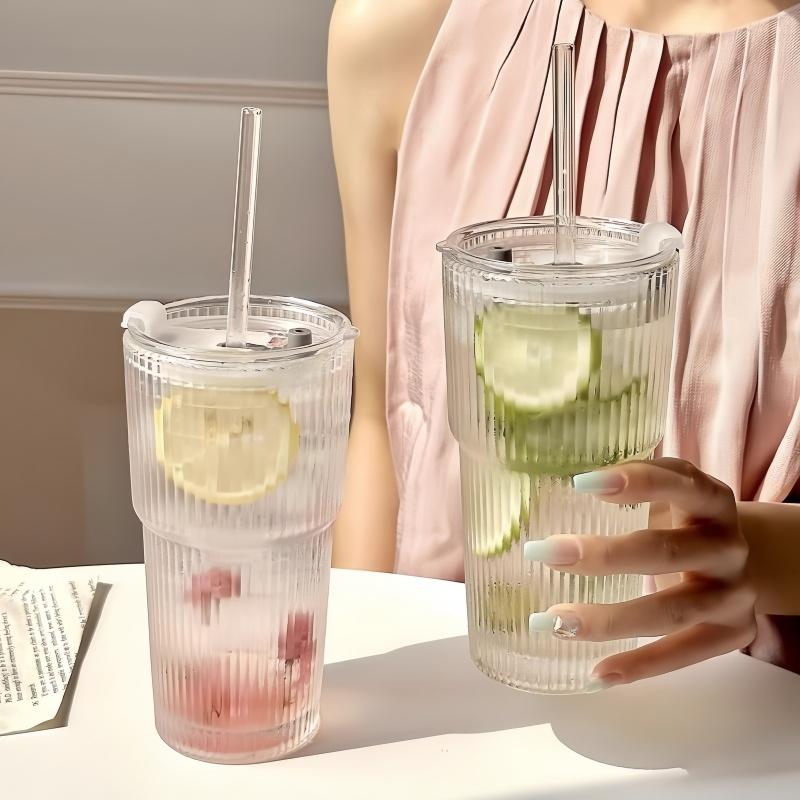 600ml Vertical Striped Glass Cup with Lid And Straw Cold Juice Coffee Drinkware Striped Mugs for Hot And Cold Beverages