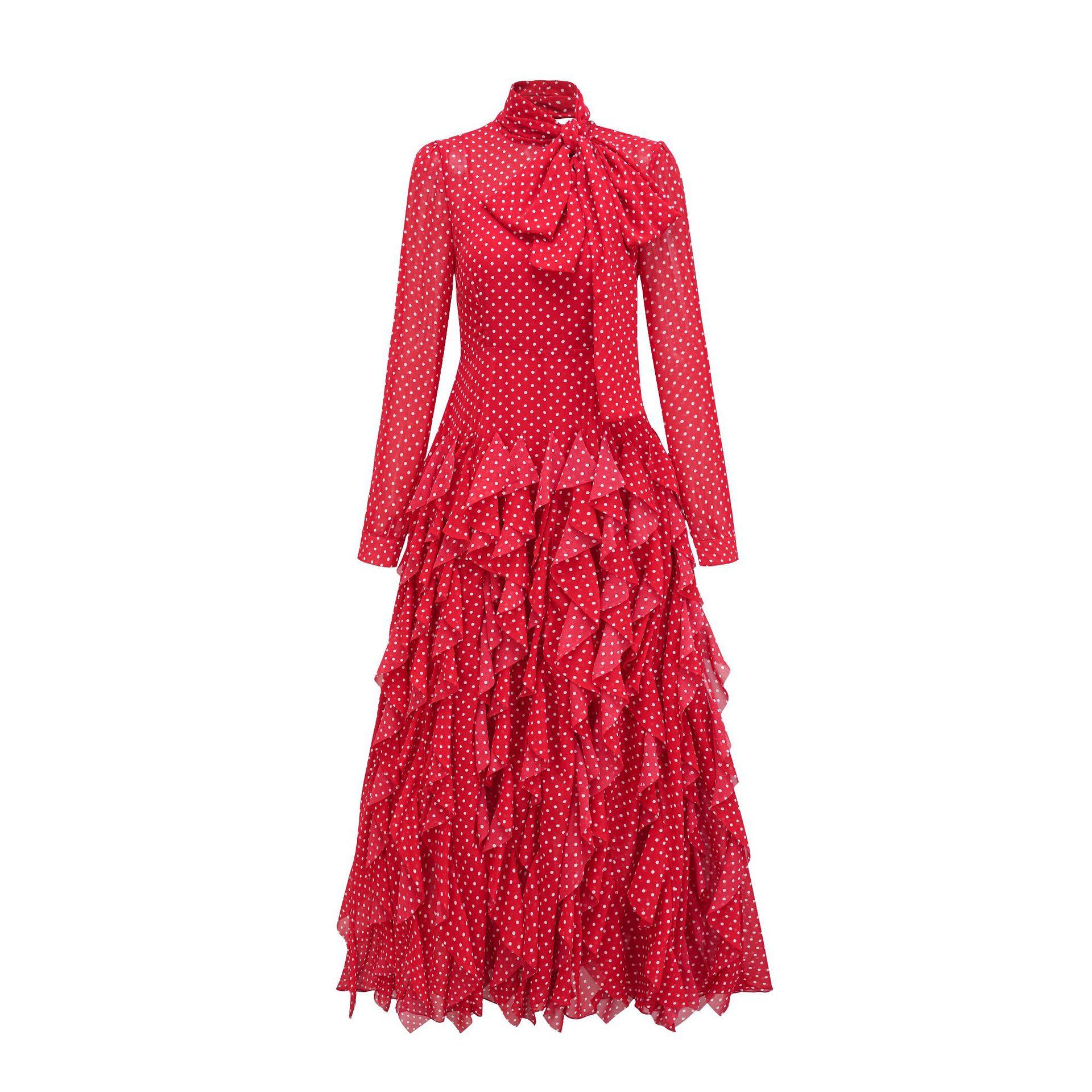 

Платье для рабочего дня в стиле «белый воротничок», длинное, с воротником-стойкой в горошек, с длинными рукавами, платье для банкета на ежегодное собрание, юбка XL красный