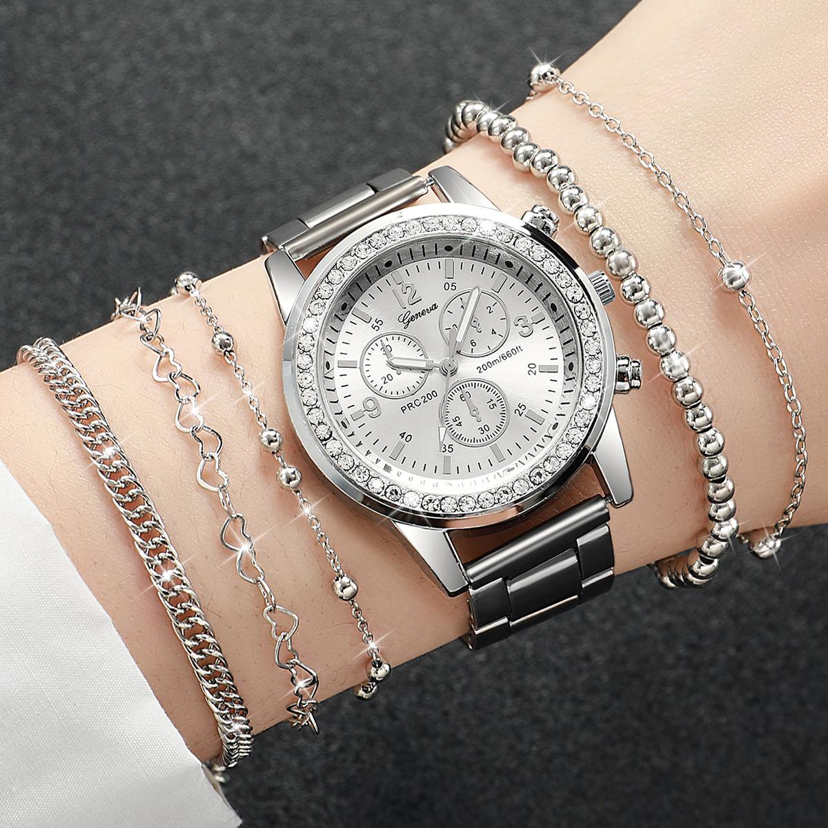 6pcs/Set Stainless Steel Women s Watch High end Diamond dial Fashion Quartz Women s Watch серебряный