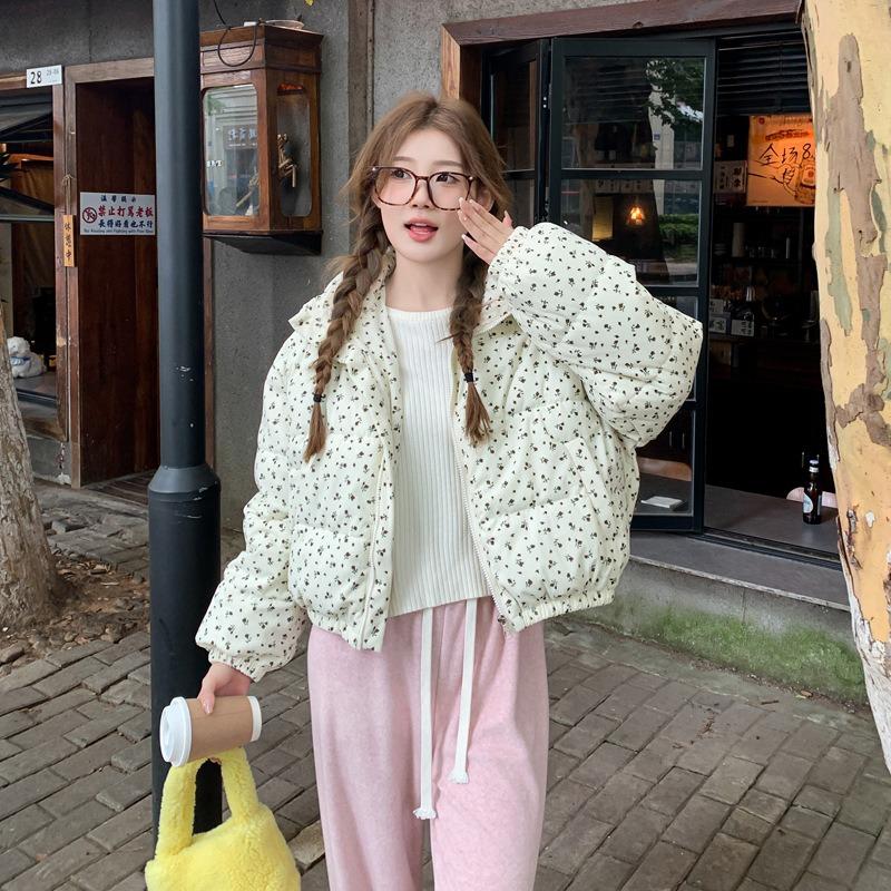 Winter stand-up collar light and thin short slim down cotton clothes women's large size small floral short coat looks thin
