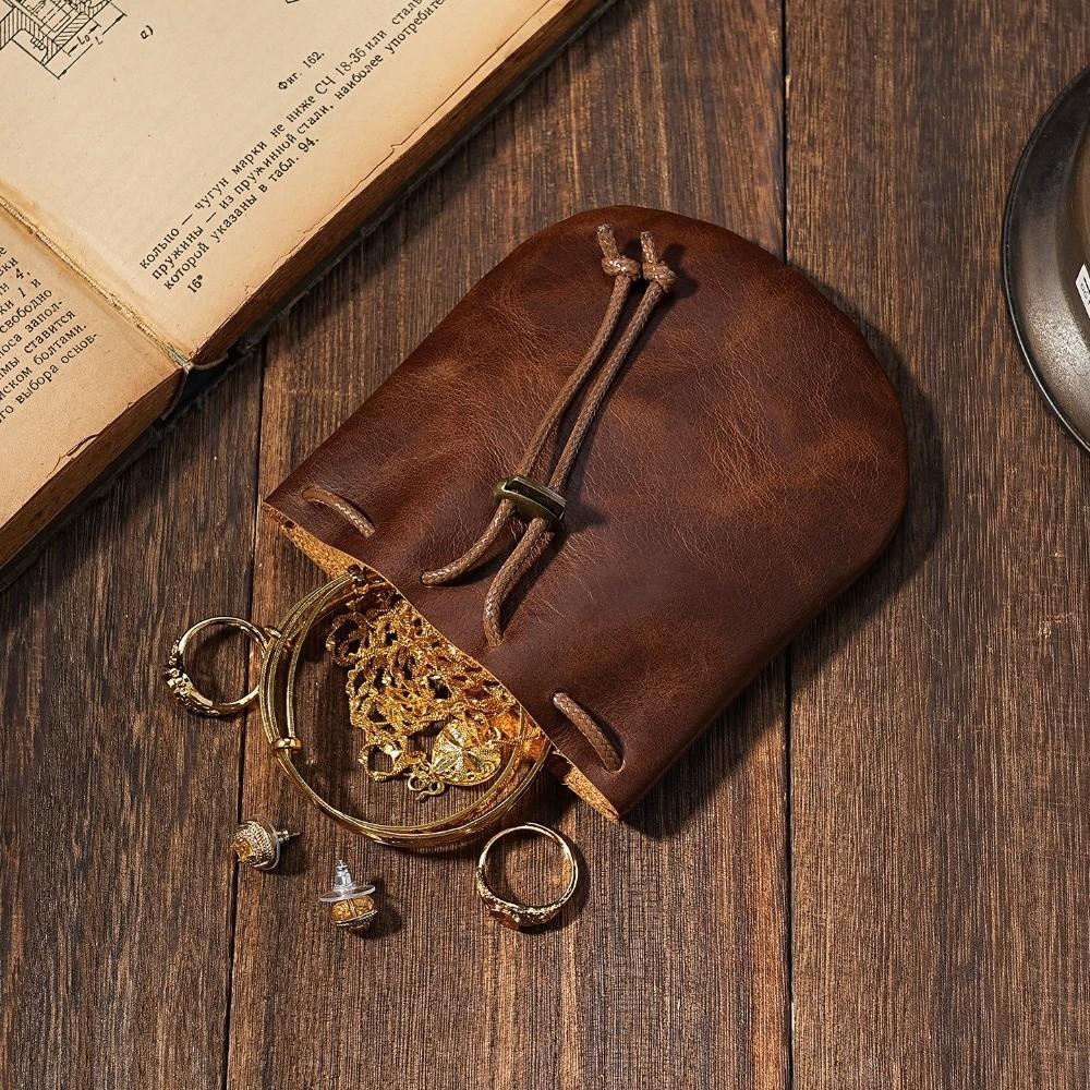Sacchetto Portatile in Pelle con Coulisse Stile Nordico Retrò Portamonete Borsa in Vera Pelle per Conservare Gioielli Contanti Portagioielli Monete
