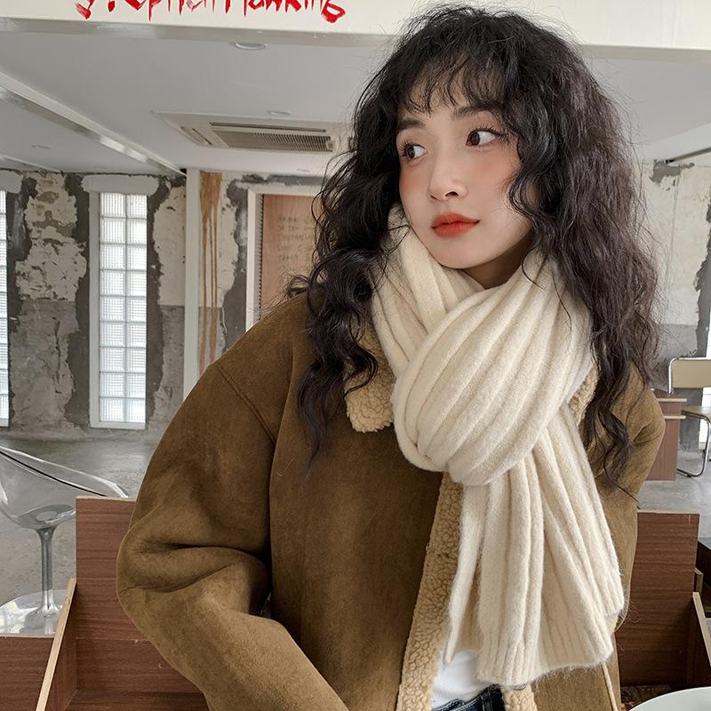 

Шерстяной вязаный шарф Ge Xinyi женский осенне-зимний утолщенный теплый шарф студенческий однотонный трендовый белый 190*31cm