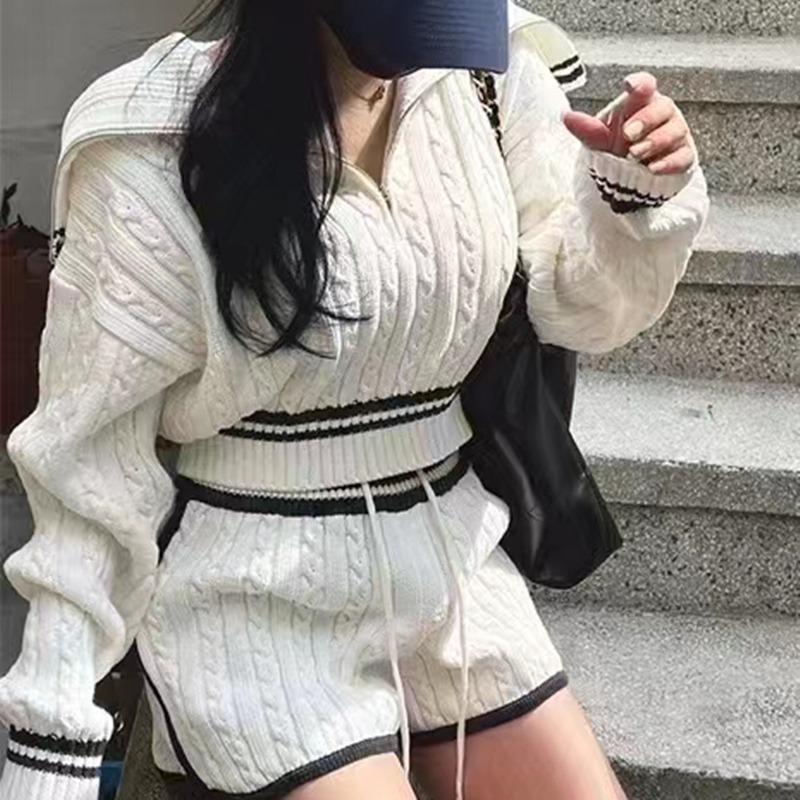 Fashion Knit Women Short Sweater Straight Leg Shorts Autumn Winter Elegant Turn-down Collar Casual Loose Two-piece Set High Waiste Long Sleeve Outfits