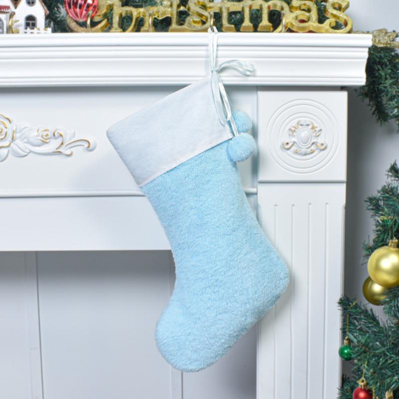 Large Plush Christmas Socks Party Holiday Decoration Storage Gift Bag with Furball Solid Color Christmas Socks