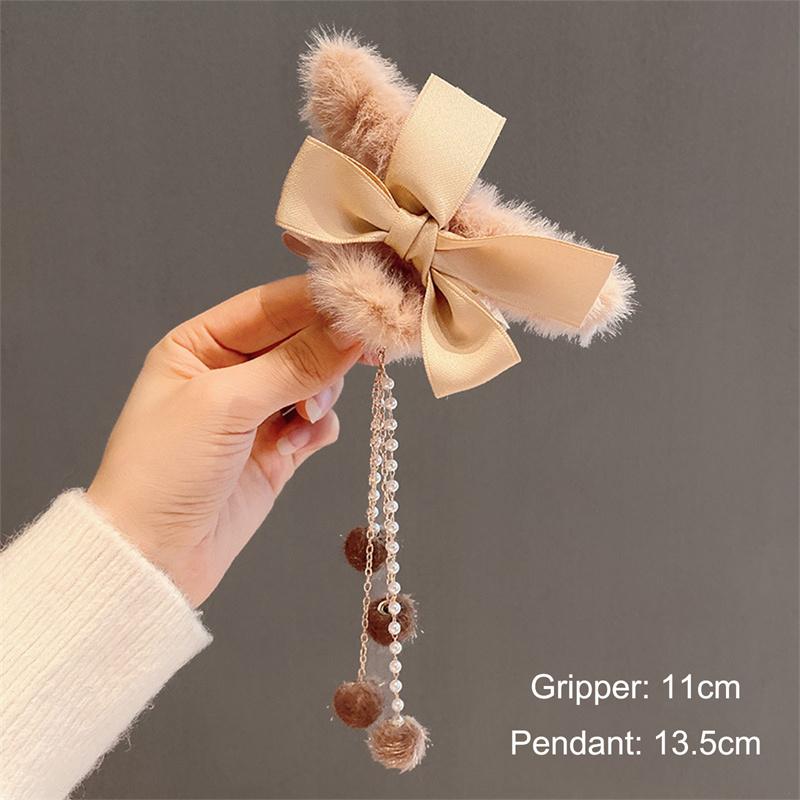 

Fashion Women Soft Plush Bow Pearl Tassel Hair Claw Clips Elegant Hair Clips Headwear кавовий