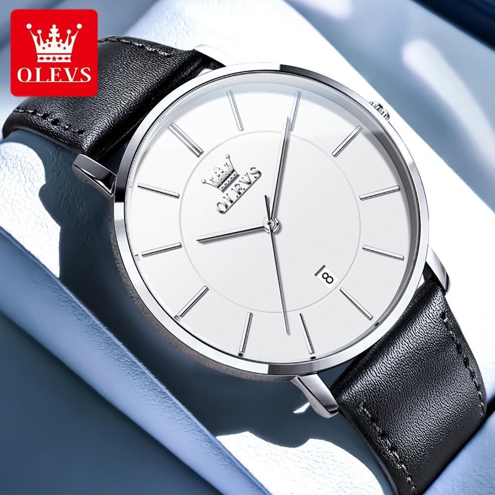 OLEVS 5869 Ultra Thin 6.5mm Minimalist Fashion Quartz Watch for Men Leather Strap Auto Date Male Waterproof Men's Wristwatches