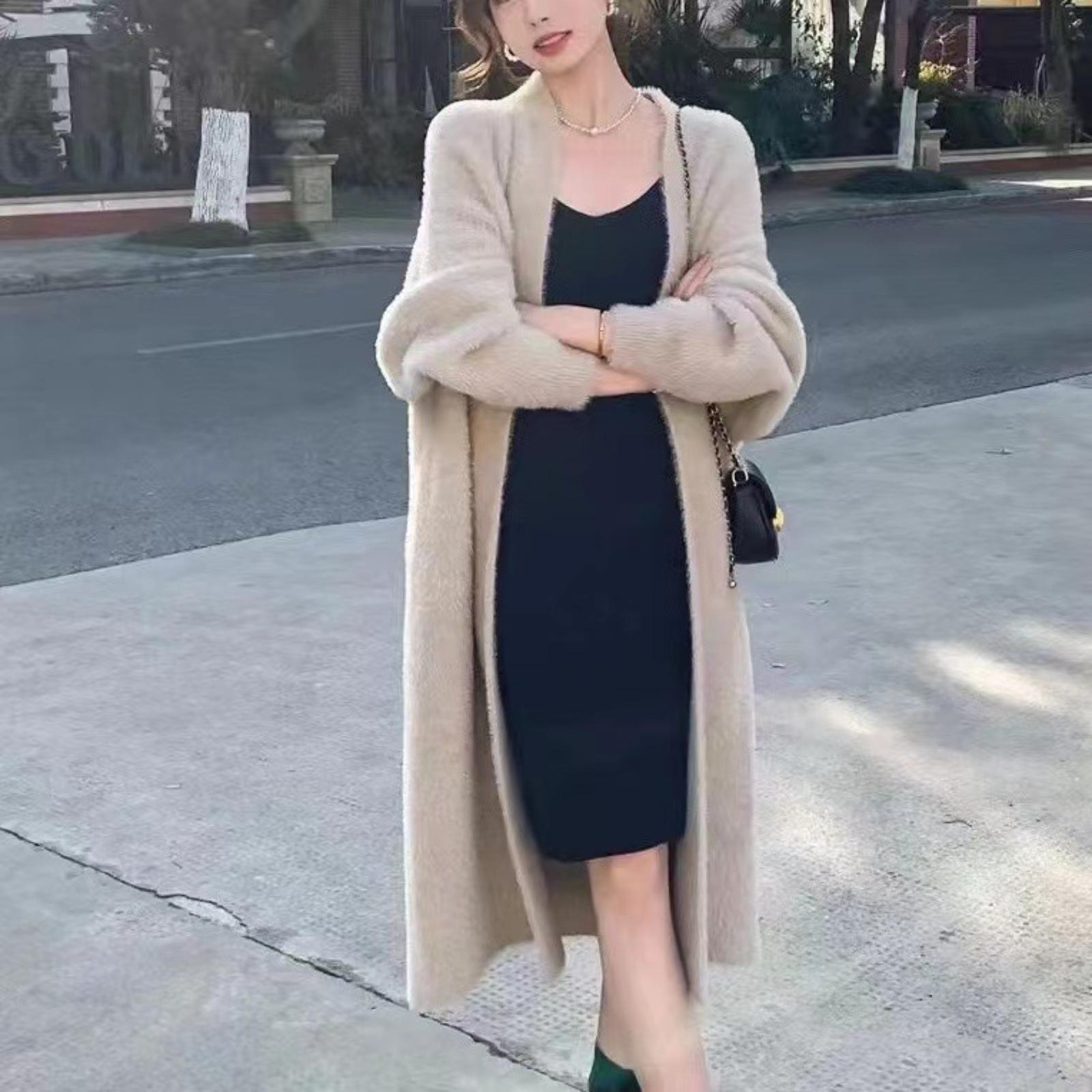 

Faux Mink-Fleece Cardigan Sweater Long-Line Oversized Knit Cardigan Women s /Winter Soft And Cosy Knee-Length Outerwear One Size білий