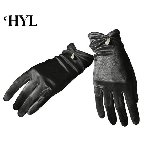 Wedding Bridal Gloves 1 Pair Faux Pearls Decor Shirring Cuffs Solid Color Elegant Short Wrist Satin