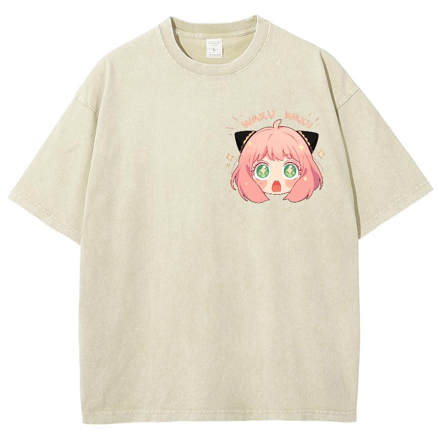 Vintage Casual Prany Denim Luźny T-shirt Kreskówkowy Nadruk Postaci Anime Streetowa Moda Amerykańska Wygodny Design